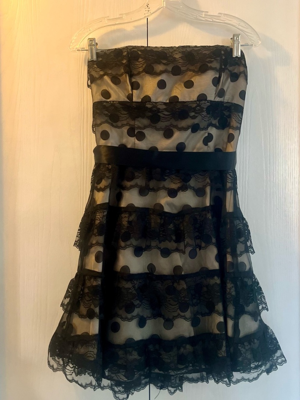Masquerade Black & Nude Polka Dot Strapless Dress